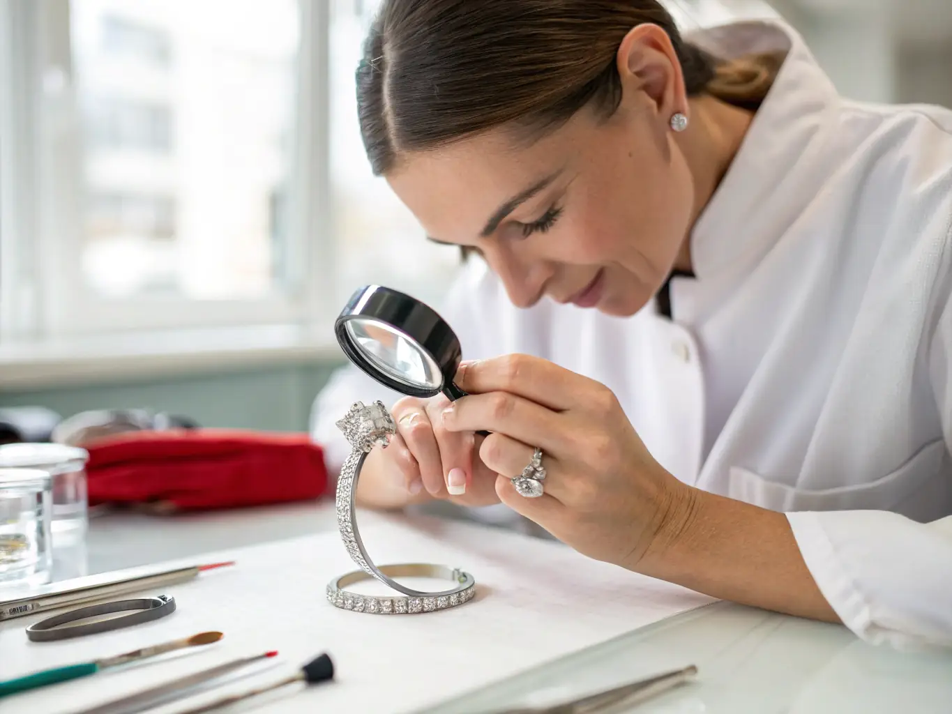 A close-up shot of a gemologist inspecting a rare pink diamond with specialized equipment, highlighting the expertise and precision involved in selecting and valuing natural color diamonds at Imperial Color Diamond.