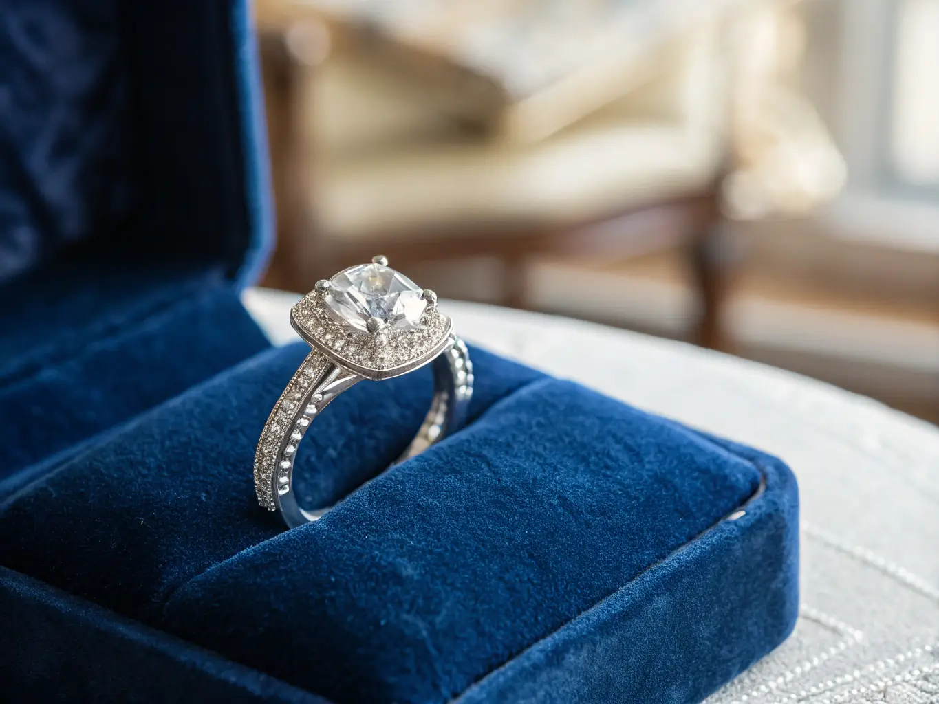A radiant yellow diamond, displayed in a ring setting, highlighting its sunny and cheerful color, with a soft, blurred background to emphasize its vibrancy.