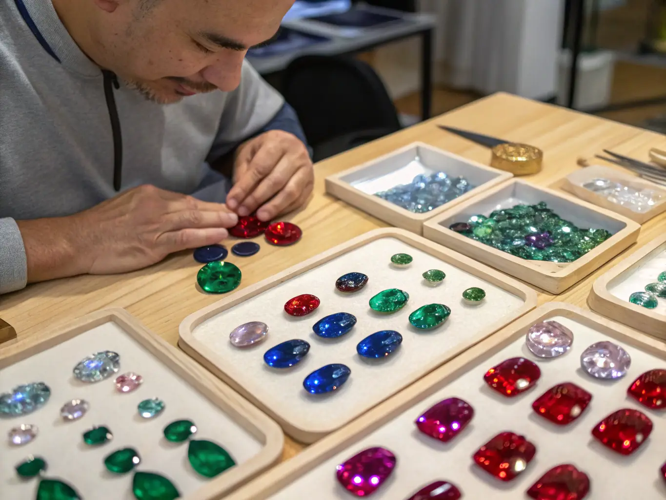 An image showcasing a wide selection of natural color diamonds in various shapes, sizes, and colors, displayed elegantly on a velvet tray, representing the extensive collection available at Imperial Color Diamond.