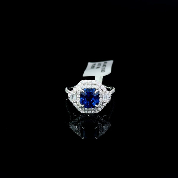 3 Stone Double Halo Blue sapphire